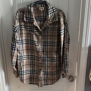 BiBi Checkered Button-Up Shirt in Black, White, and Tan with sequins.